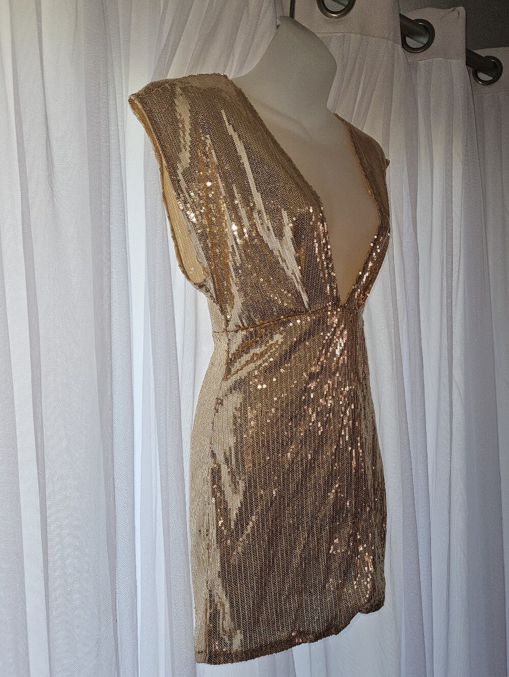 Gold Sequin Deep Plunge Micro Mini Dress - Picture 3 of 11